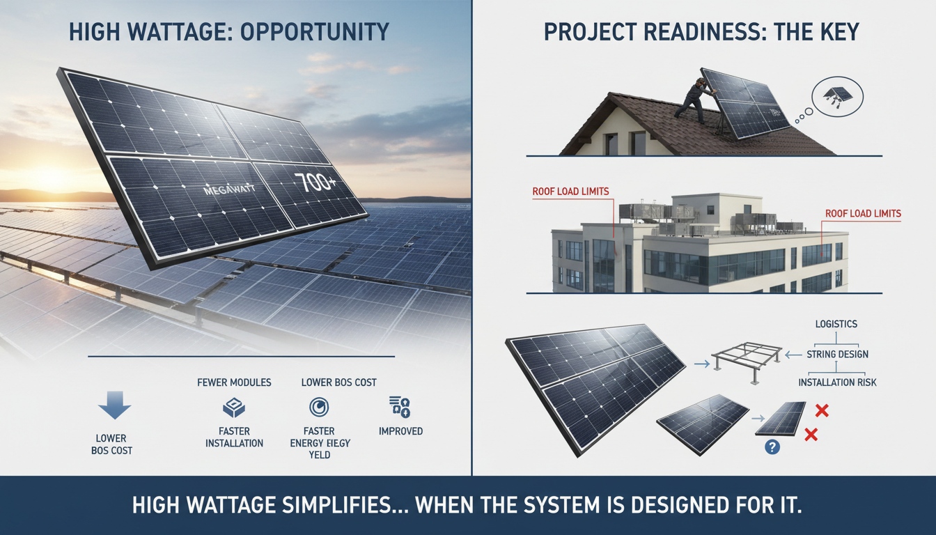 High-wattage PV modules compared with project readiness factors including roof load limits logistics string design and installation risk